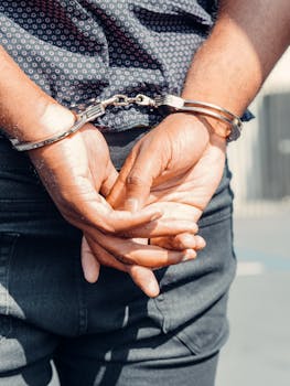 Rear view of a person in handcuffs outdoors, symbolizing law enforcement and justice.