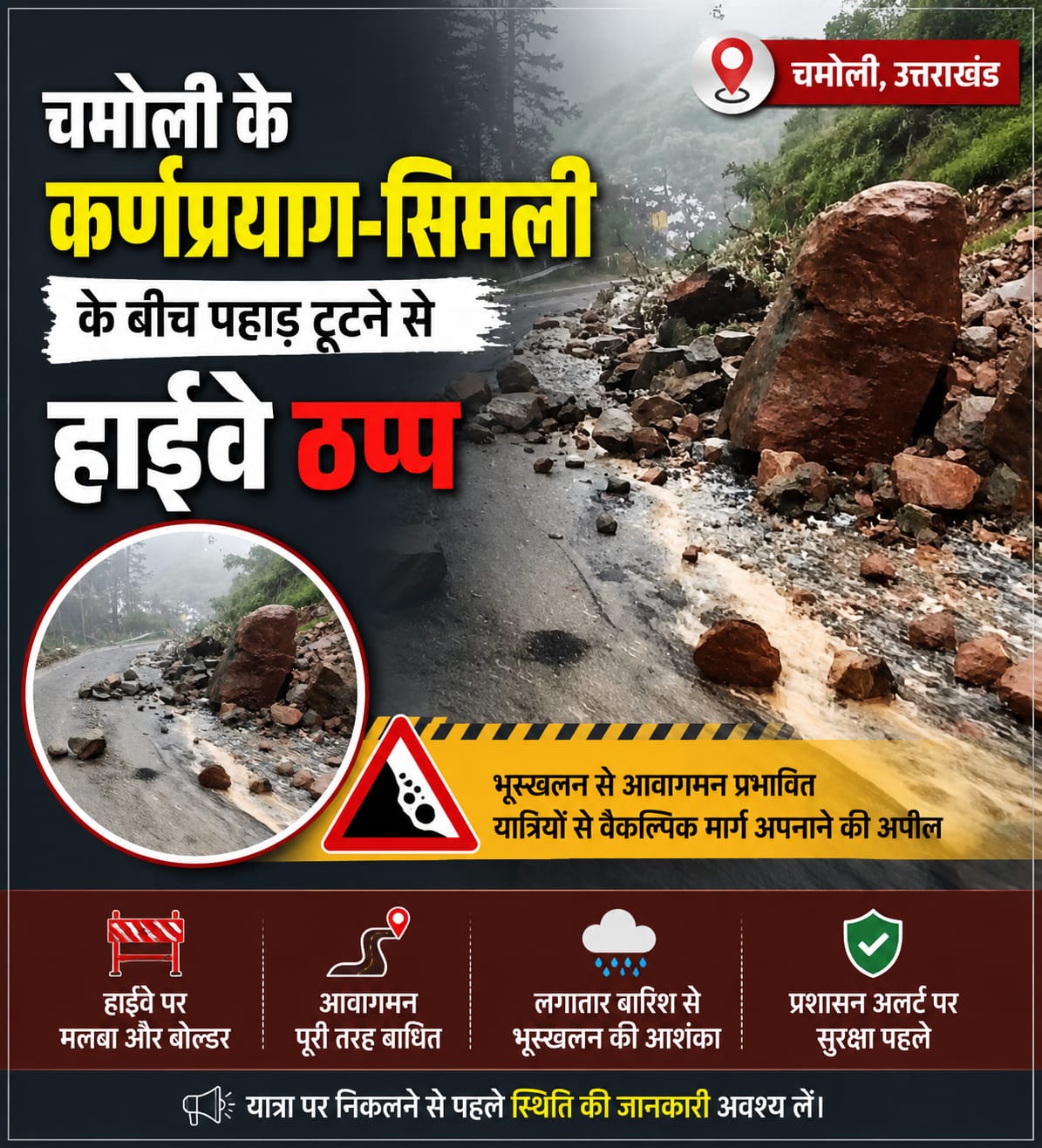 पहाड़ी टूटने से कर्णप्रयाग-सिमली हाईवे ठप