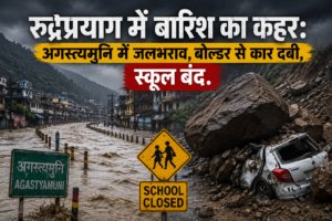 रुद्रप्रयाग में बारिश का कहर: अगस्त्यमुनि में जलभराव, बोल्डर से कार दबी, स्कूल बंद, अलकनंदा-मंदाकिनी चेतावनी स्तर से ऊपर