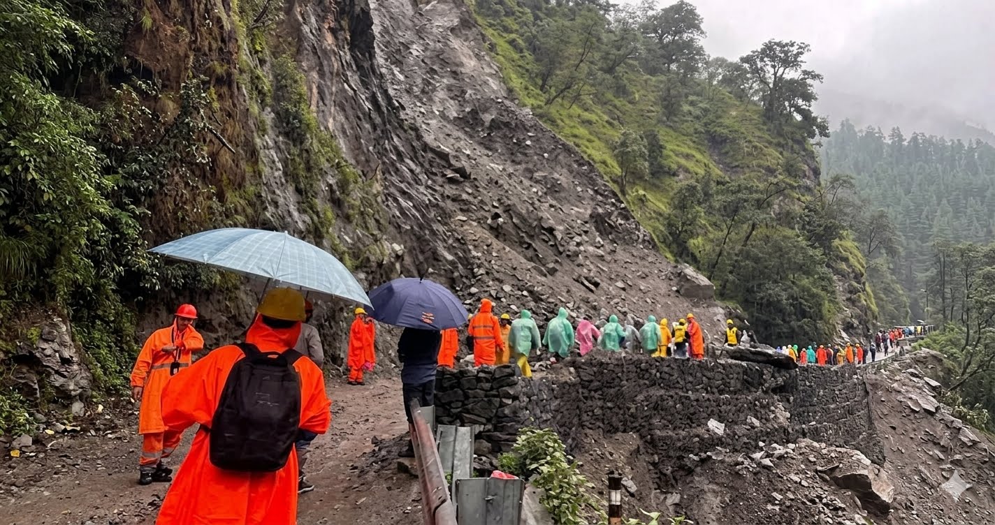 पहाड़ी इलाके में भारी भूस्खलन (landslide) के बाद का दृश्य, जहाँ मलबे से घिरे रास्ते पर बरसाती (raincoats) और छाते लिए कई लोग और राहत कर्मी कतार में चल रहे हैं