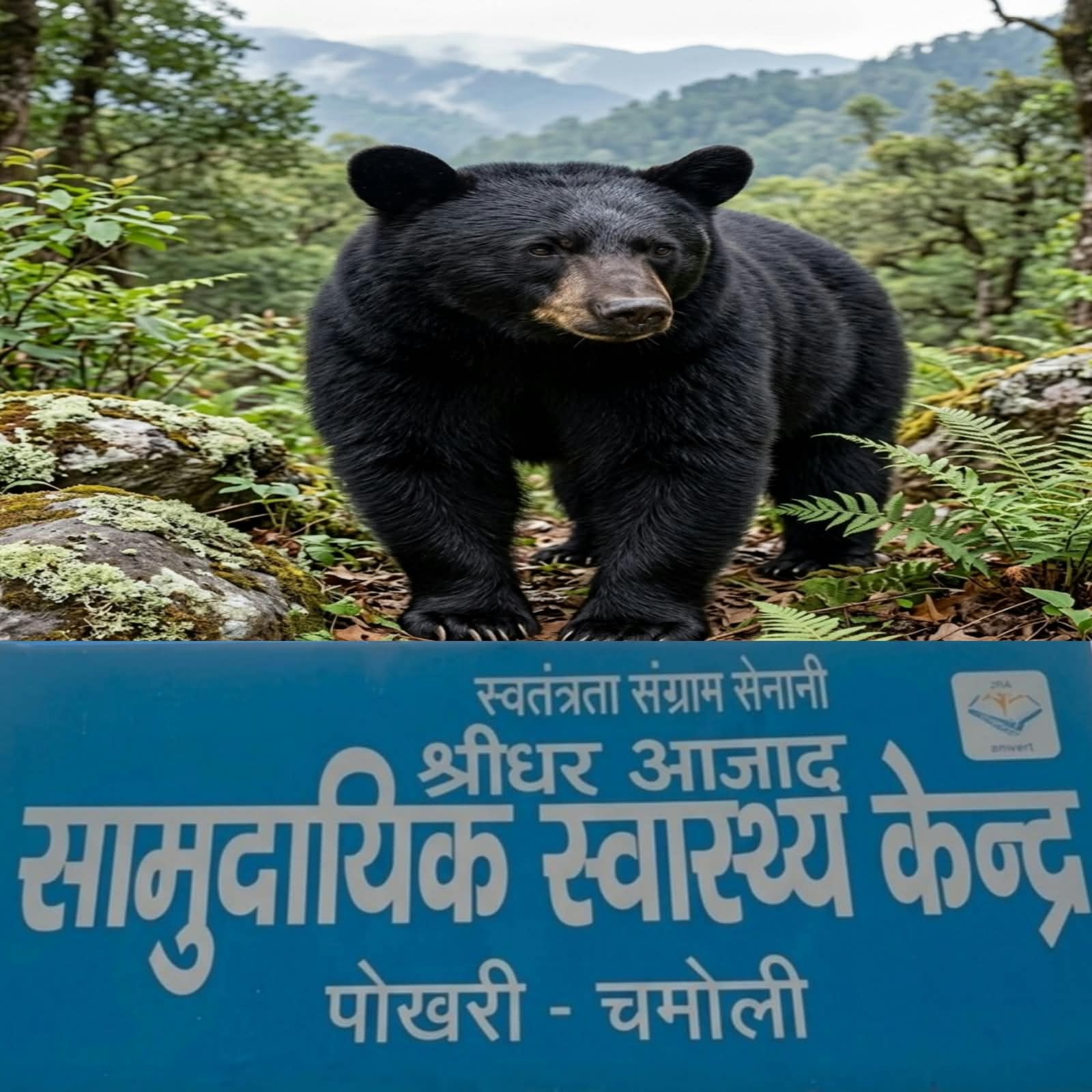 "चमोली में भालू का हमला, पोखरी सामुदायिक स्वास्थ्य केंद्र का बोर्ड और एक काले भालू की प्रतीकात्मक तस्वीर।"