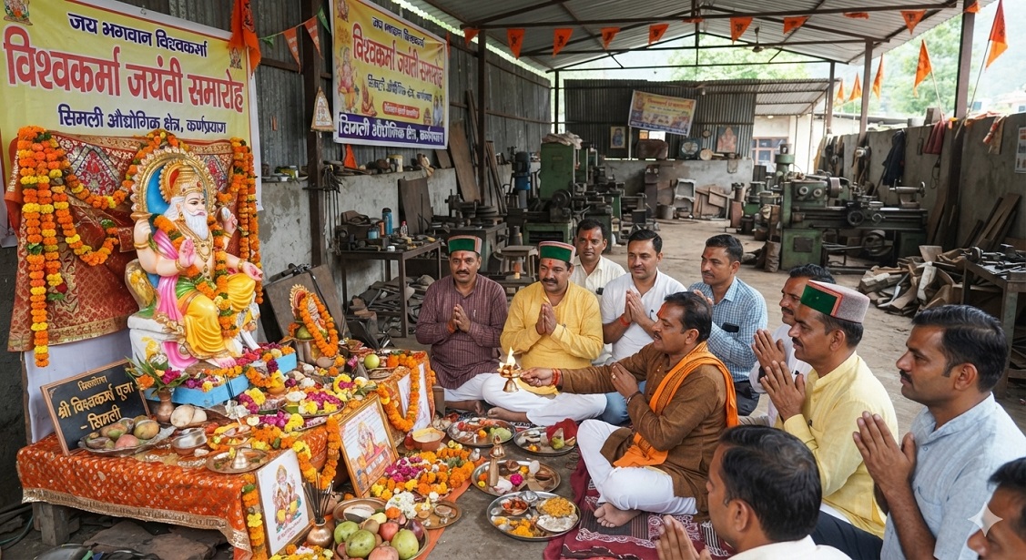 "कर्णप्रयाग के सिमली औद्योगिक क्षेत्र में भगवान विश्वकर्मा जयंती पर पूजा-अर्चना करते स्थानीय उद्यमी और व्यापारी"