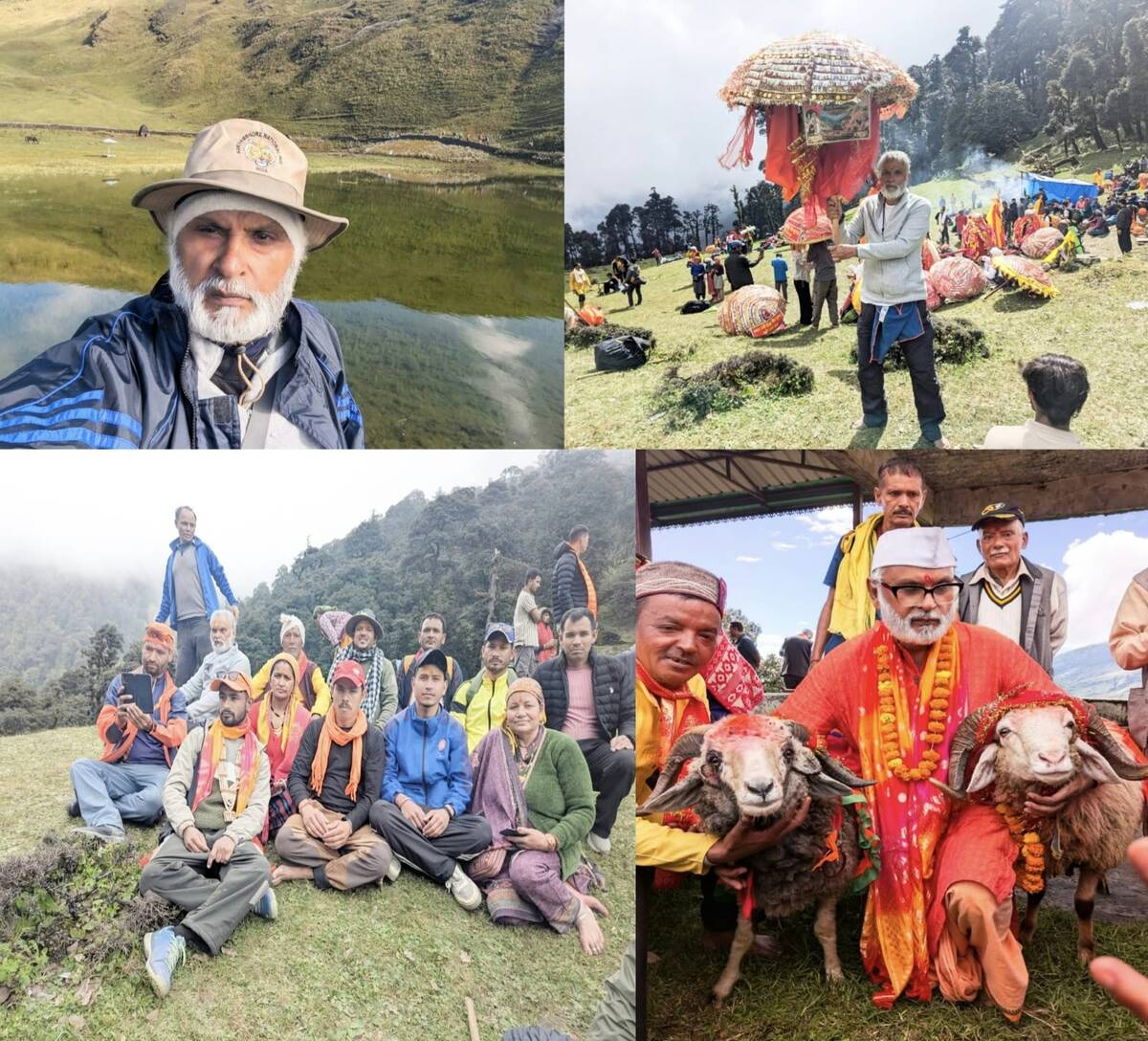 नंदा देवी राजजात यात्रा के दौरान चमोली की पहाड़ियों में राजेश पंत और स्थानीय श्रद्धालुओं के विभिन्न क्षणों का एक कोलाज चित्र।